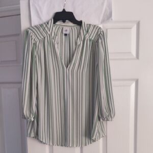 cabi #5893 Awning Stripe Blouse Size Med. Green White Stripe 3/4 Length Sleeves